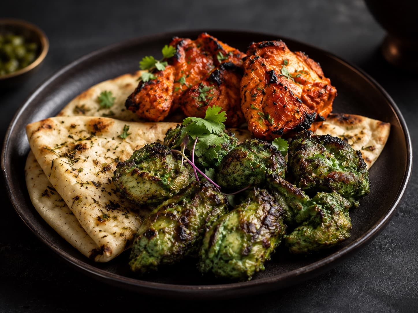 Platter of hariyali and tandoori kebabs with naan