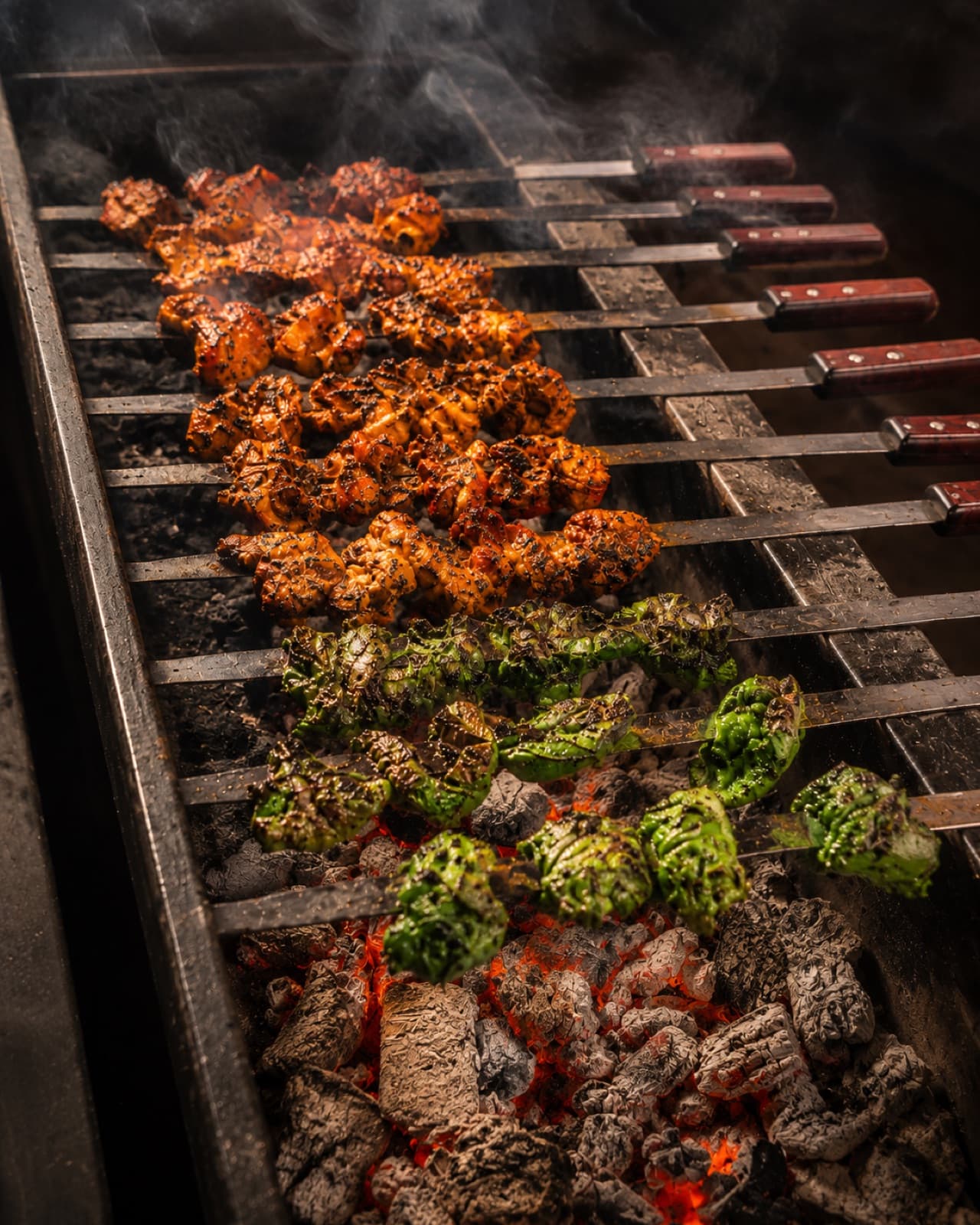 Kebab skewers grilling over glowing charcoal