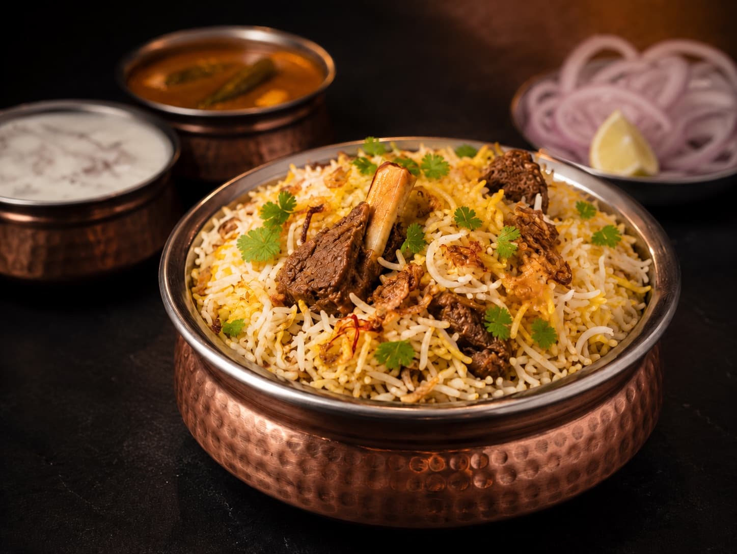Mutton dum biryani with saffron basmati and bone-in mutton in a copper handi